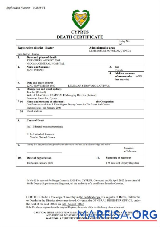 Blank Cyprus vital record death certificate Word and PDF template